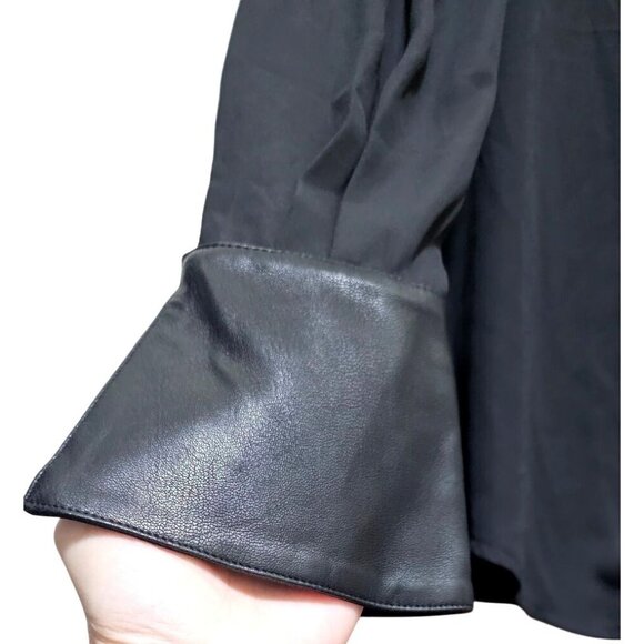 Gracia Black Button-Up Top With Faux Leather Details & Flared Sleeves - Size S - Picture 6 of 12